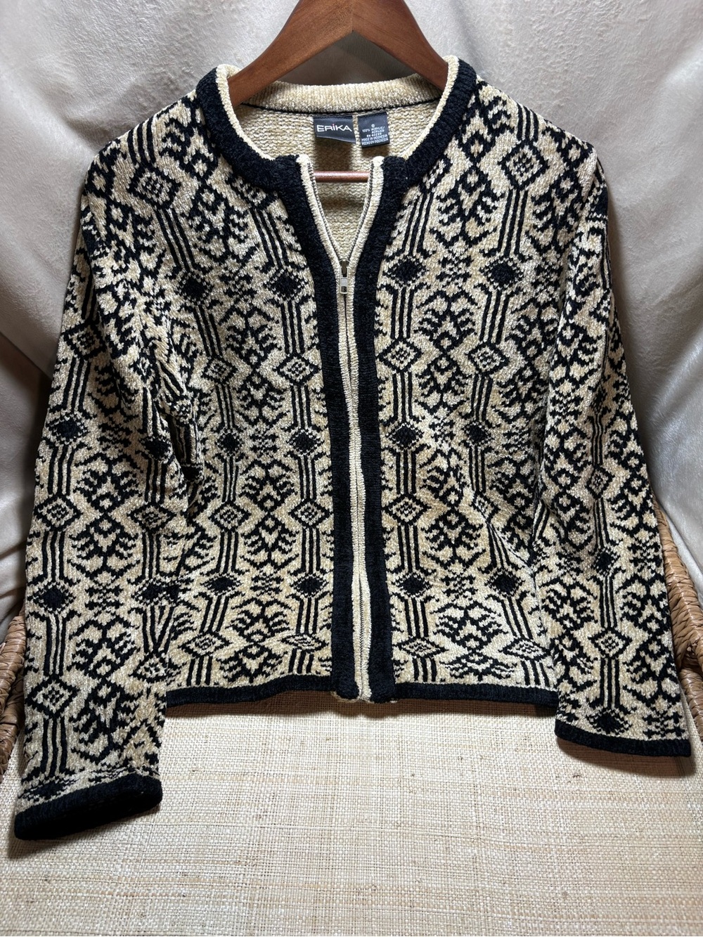 Vintage Erika Geometric Zip Sweater Jacket S Black Cream 90s Tapestry
